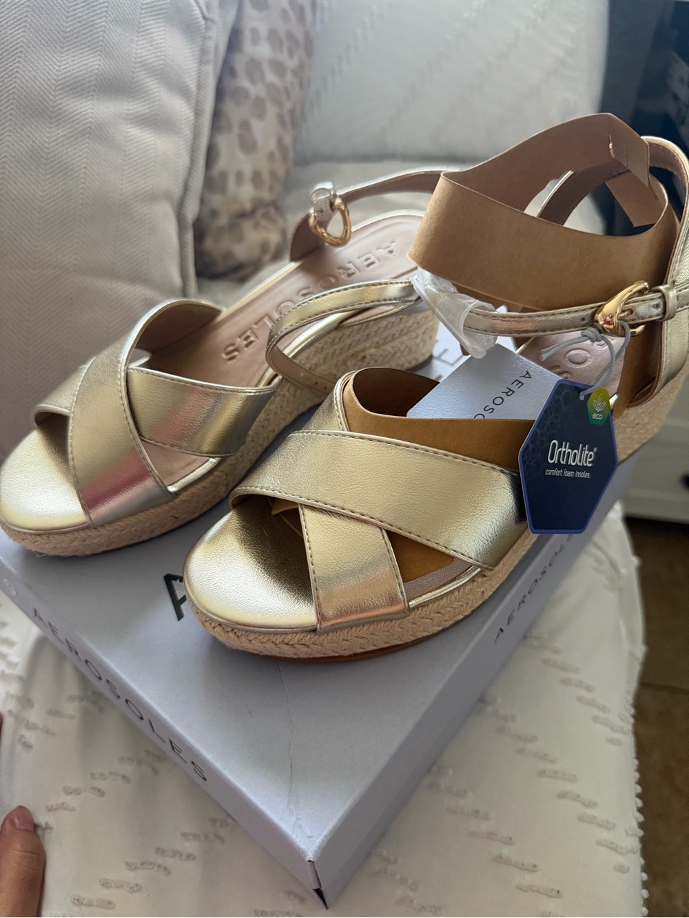 AEROSOLES Metallic Gold Espadrille Wedge Sandals